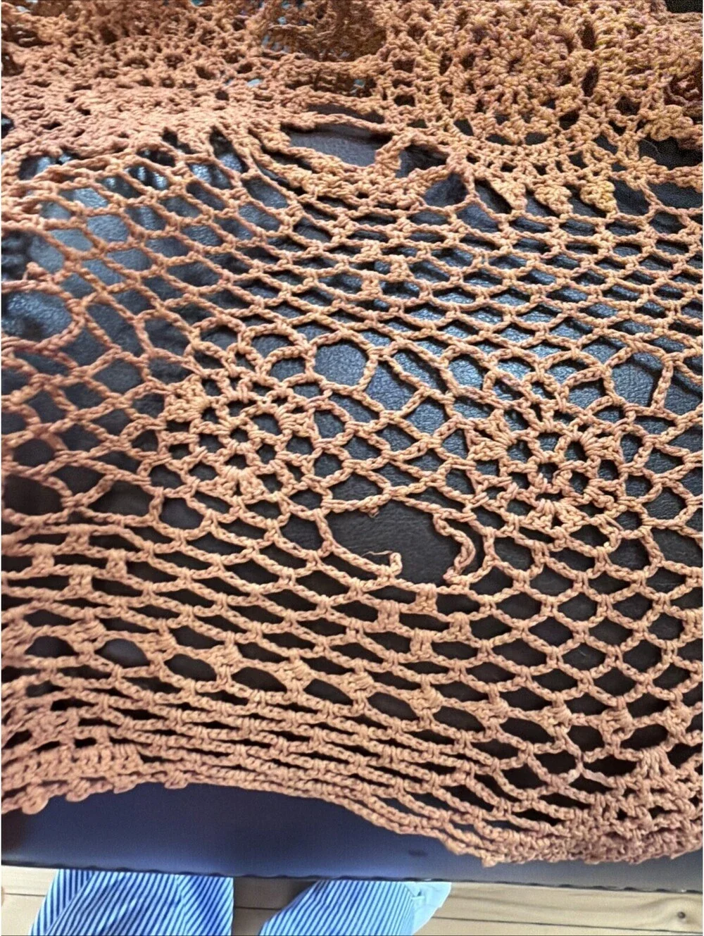 Vtg Handmade Crochet Lace Tablecloth Sun Burnt Orange Fall Harvest 60x78” Boho